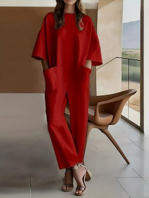 Women's Short-sleeve Long Casual Jumpsuit With A Round Neck And Wide-leg Fit