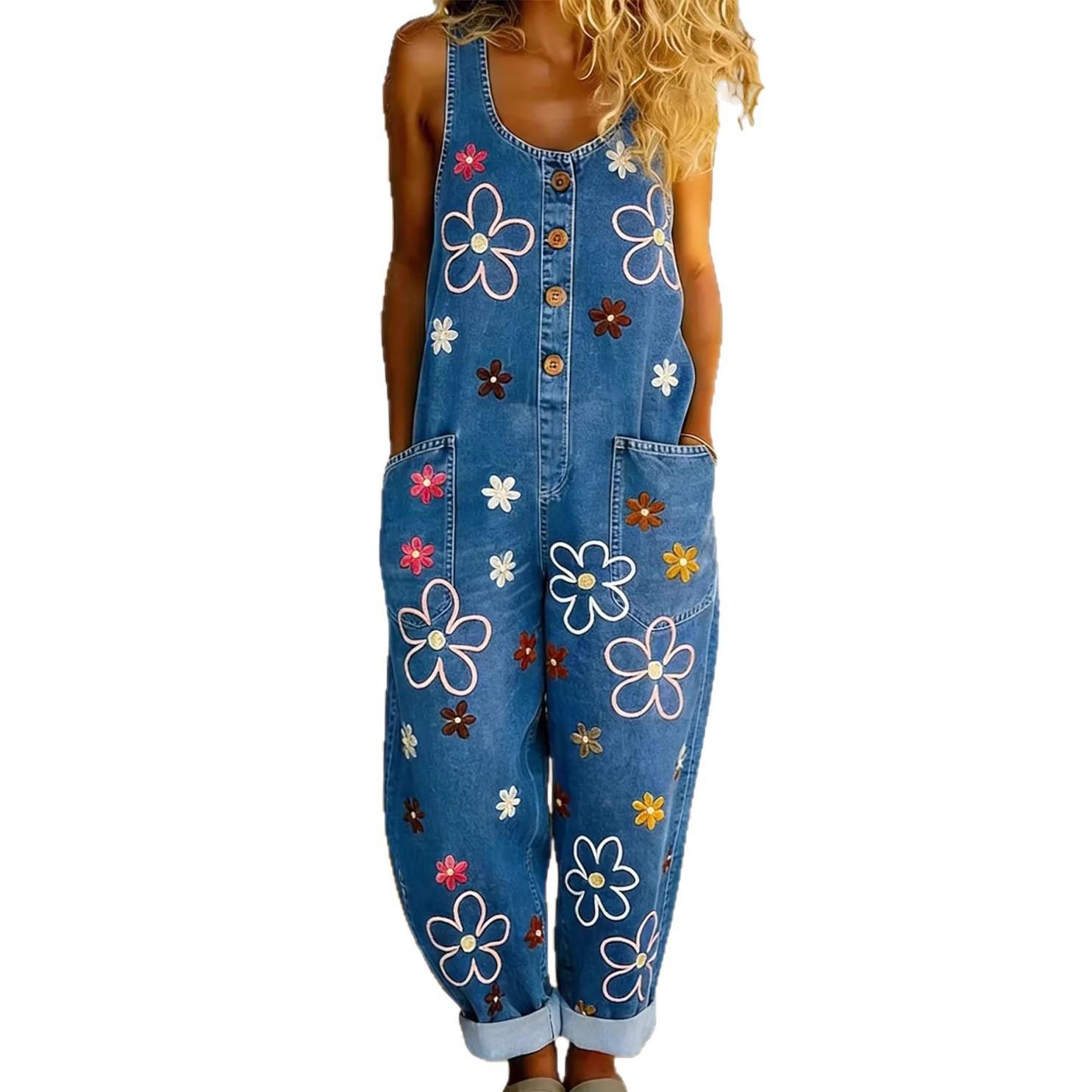Retro-style Fashionable Wide-leg Faux Denim Overalls