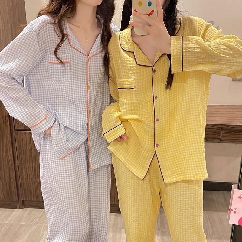 Yellow Plaid Long Sleeve Couple Simple Homewear Suit