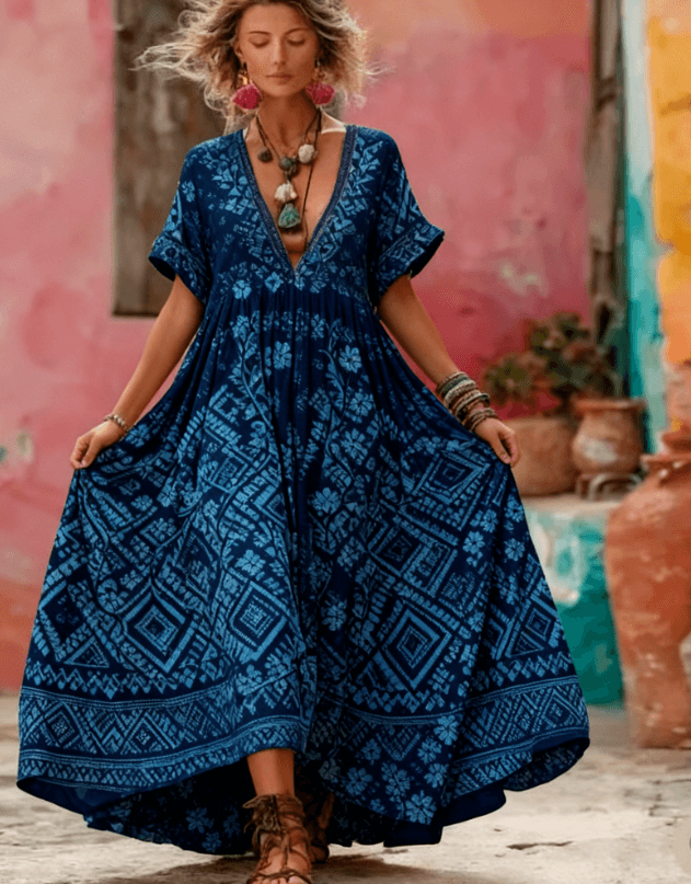 Women's Floral Print V-Neck Maxi Dress