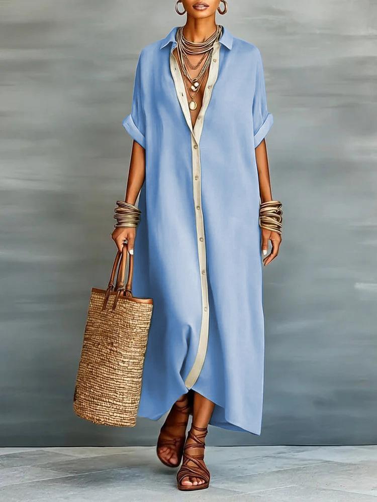 Women's Oversized Shirt Dress, Contrast Trim Rolled Sleeve Button Down Maxi Dress For Spring Summer