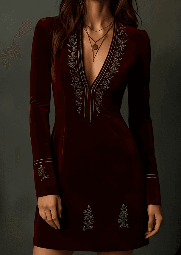 Retro-style Lace-trimmed V-neck Long-sleeved Mini Dress