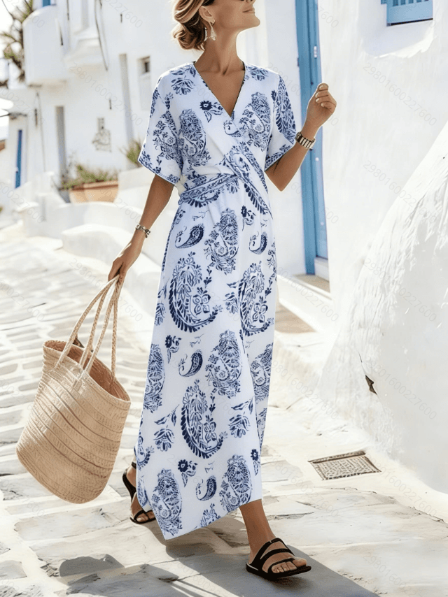 Blue And White Cashew Flower Print Wrapped Dress For Women