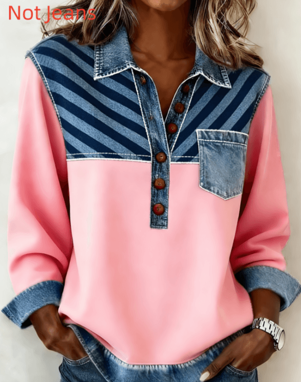 Denim Patchwork Collar Button-down Casual Long-sleeved Top