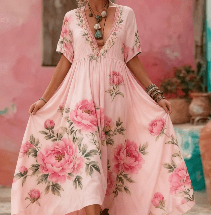 Women's Floral Print V-Neck Maxi Dress