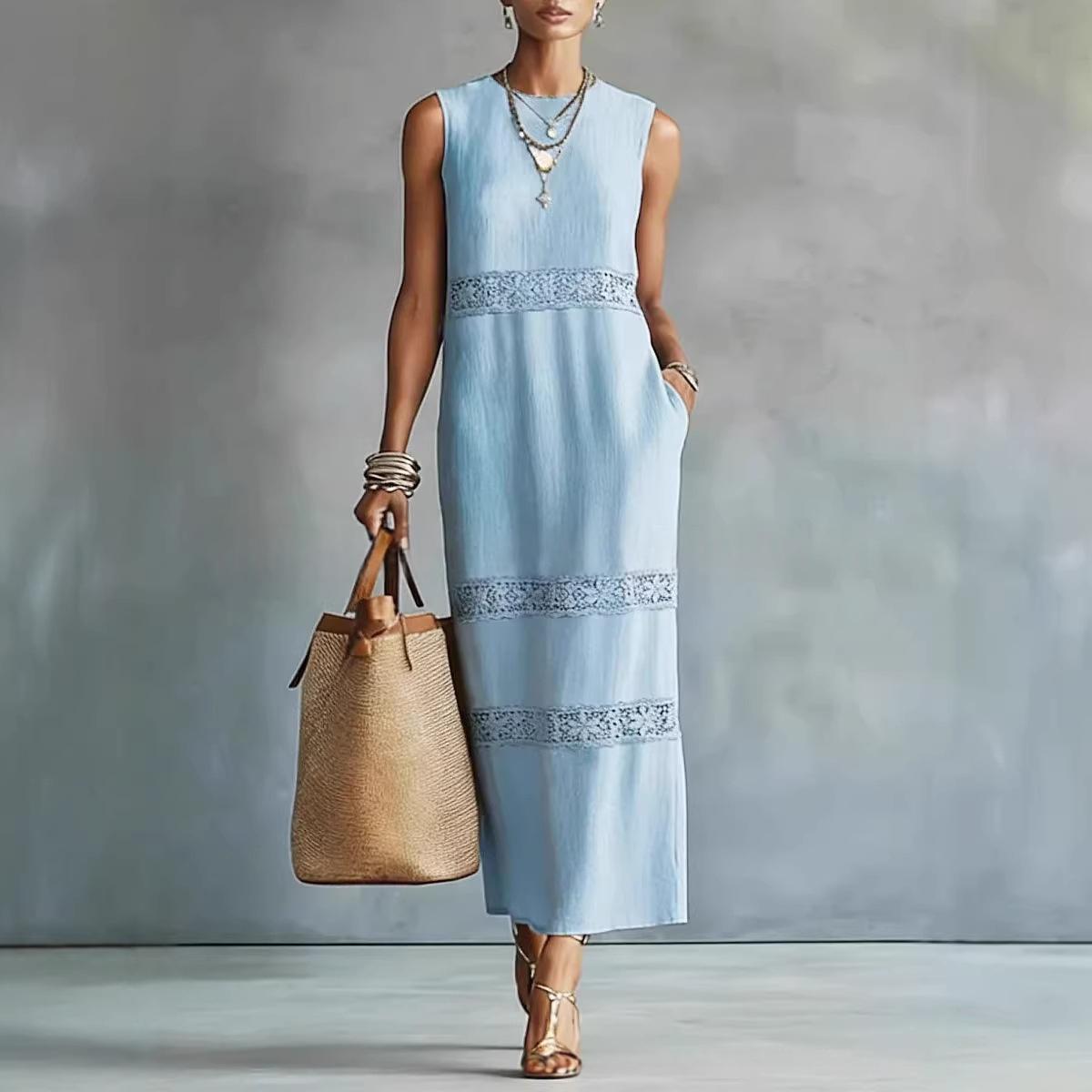 Womens Elegant Solid-color Lace Casual Dress