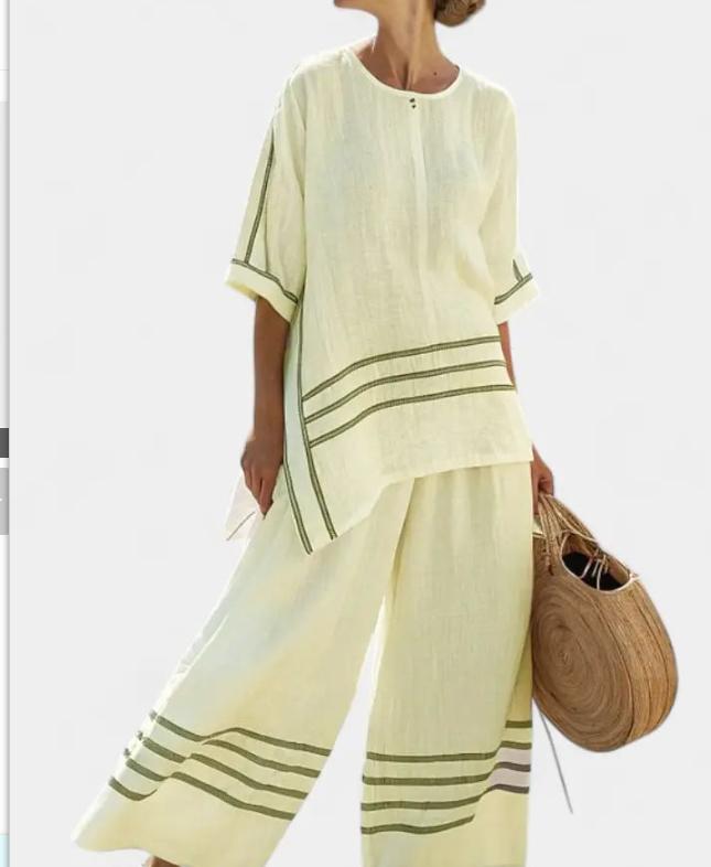 Floral Striped Color-block Mid-sleeve Crewneck Top And Straight-leg Casual Suit