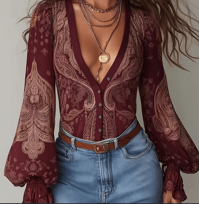 Paisley V-neck Puff Sleeve Women's Slim-fit Blouse