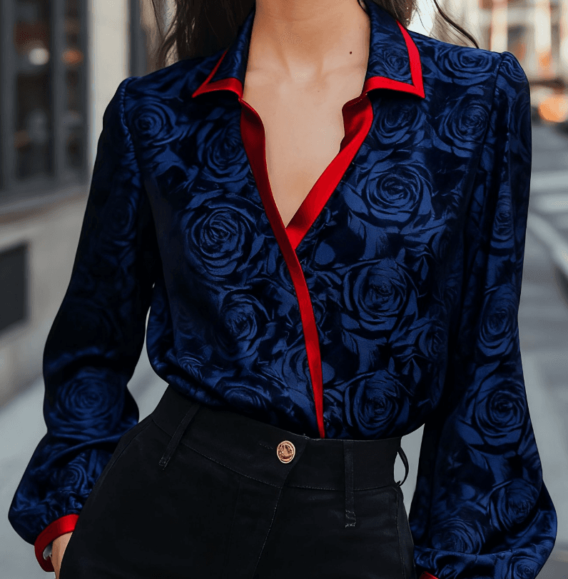 Urban Light Luxury Style Red-Edged Color-Block Puff Sleeve Shirt For Women