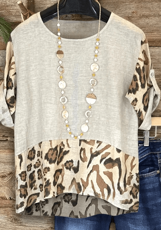 Women's Leopard Print Loose Rolled Sleeve Mid-Length Top