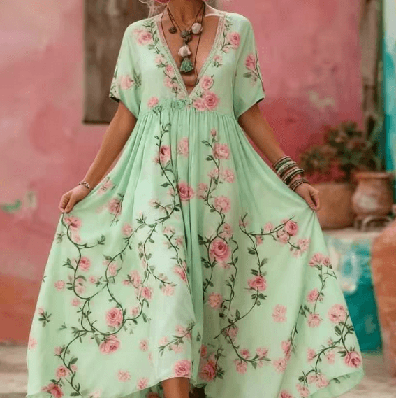 Women's Floral Embroidery Patchwork Art V-Neck Long Dress