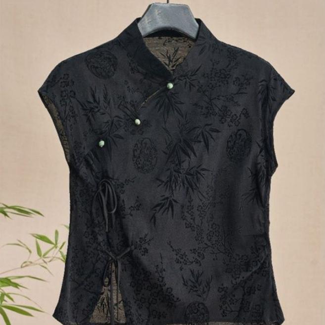 Women's Retro Frog-Button Slant-Collar Black Jacquard Short-Sleeve Shirt