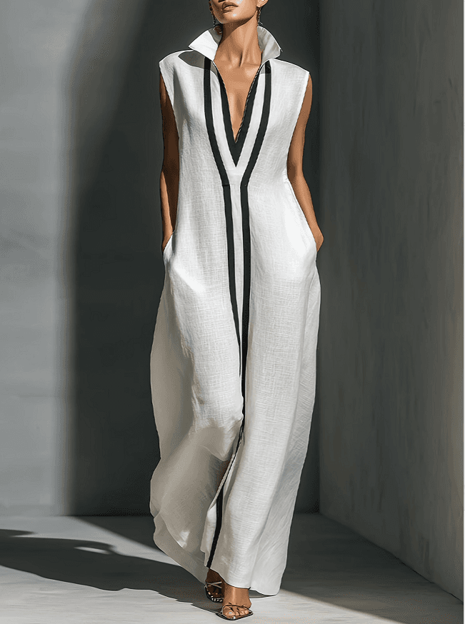 Stand Up V-neck Contrasting Cotton Linen Sleeveless Long Dress