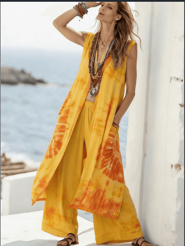Vacation Style Tie-Dye Sleeveless Cardigan & Wide-Leg Pants Set