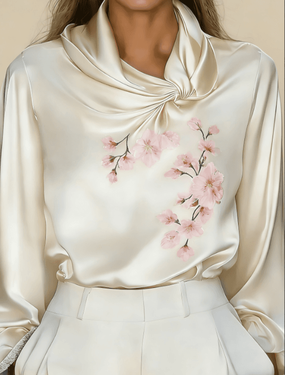 Women's French-style Elegant Satin Printed Turtleneck Long-sleeved Loose-fitting Shirt