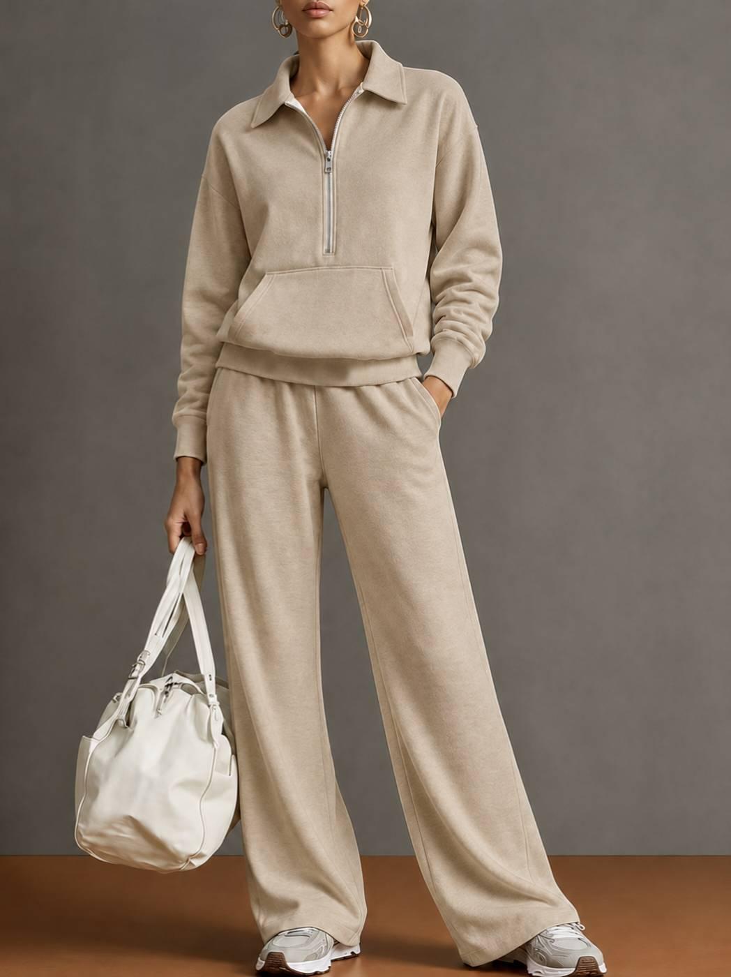 Womens Two-Piece Set Zip-Up Sweatshirt And Loose-Fitting Casual Wide-Leg Pants