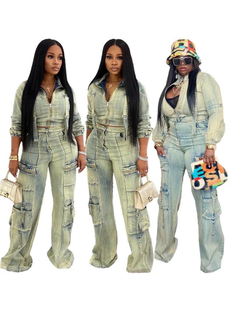 Fashionable And Sexy Washed Denim Jacket And Pants Set