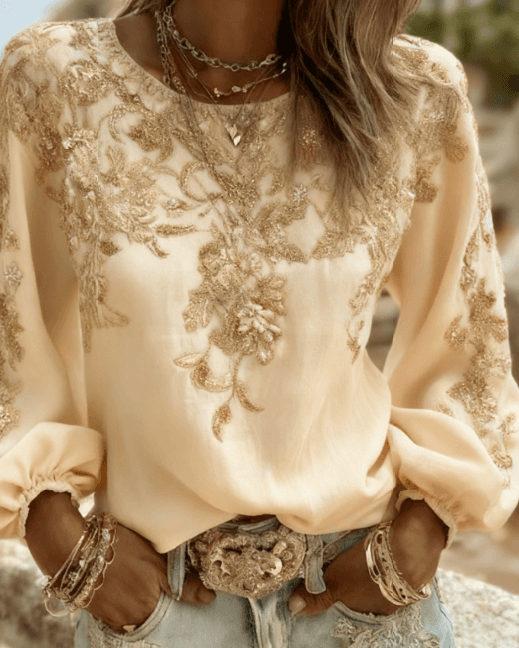 Women's Vintage Rose Embroidery Puff Sleeve Casual Round Neck Long Sleeve Top