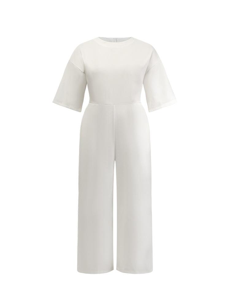 Round Neck Half Sleeve Pocket Solid Color Long Jumpsuit