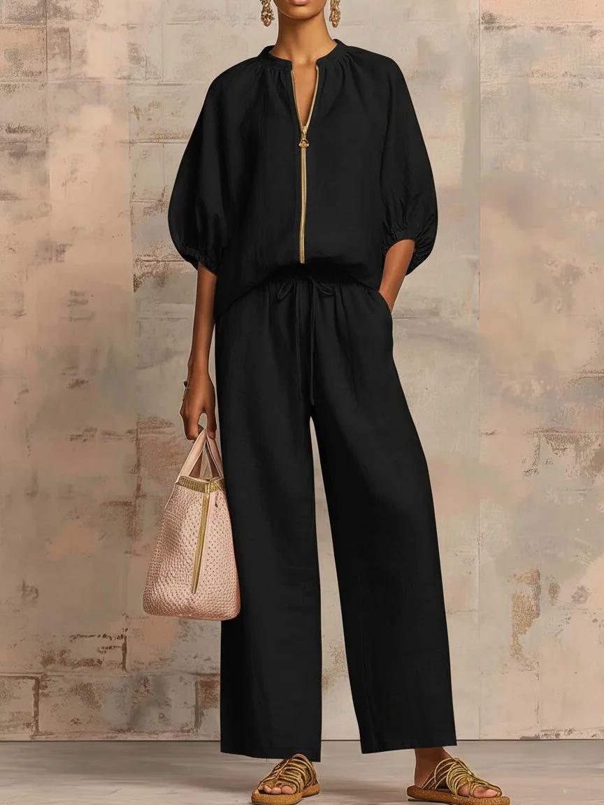 Casual Relaxed-fit Solid-color Zip-up Crew-neck Wide-leg Pants Set