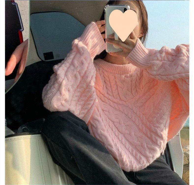 Autumn And Winter Lazy Style Loose Solid Color Twist Round Neck Sweater