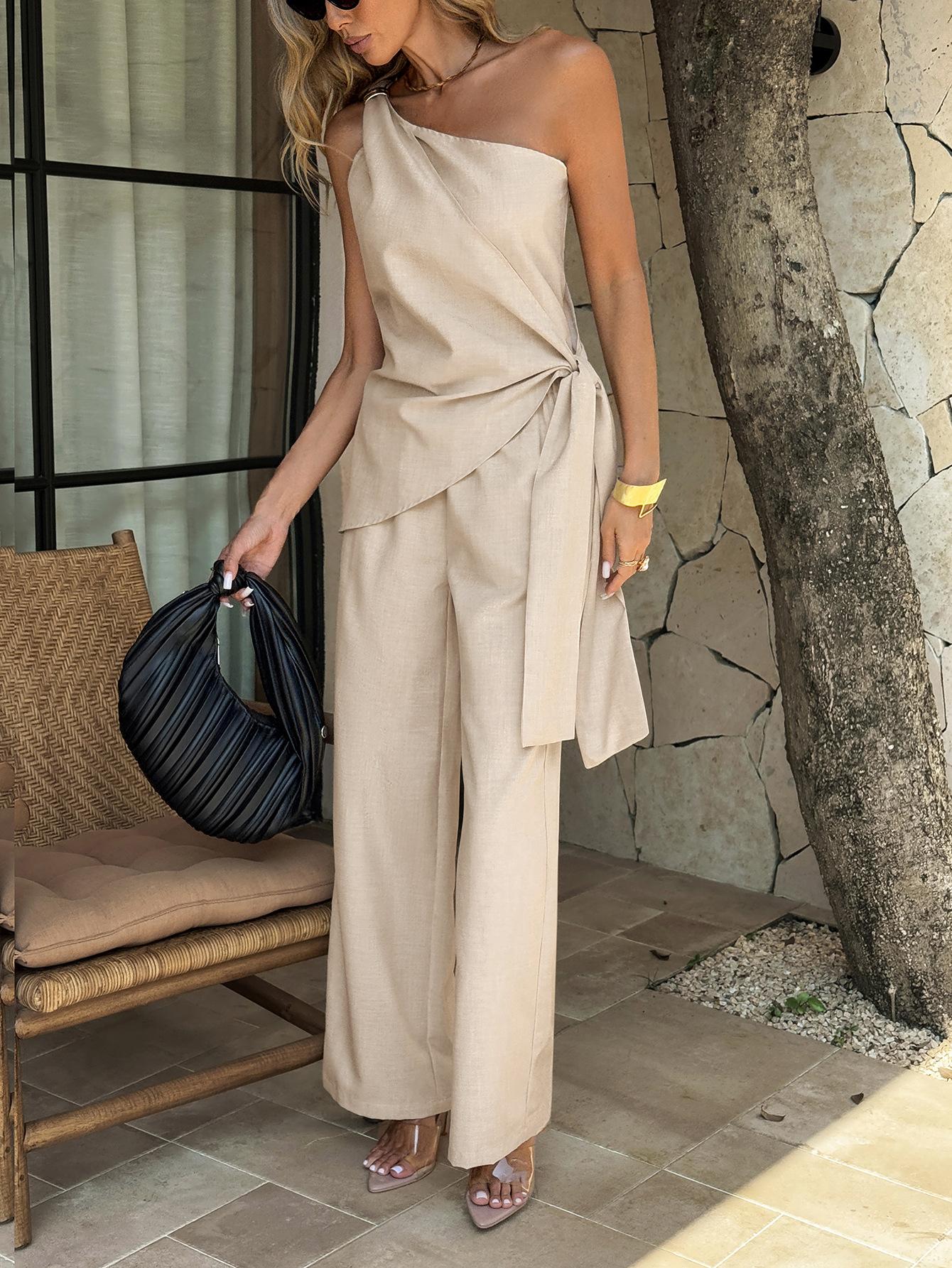 European And American Resort-Style Fashionable Strap Wide-Leg Long Pants Set