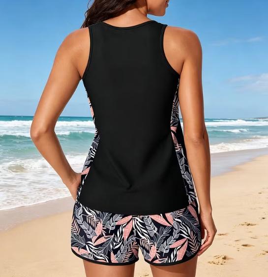 Black Tropical Leaf Print Two-Piece Tankini Swimsuit With Boyshort Bottom
