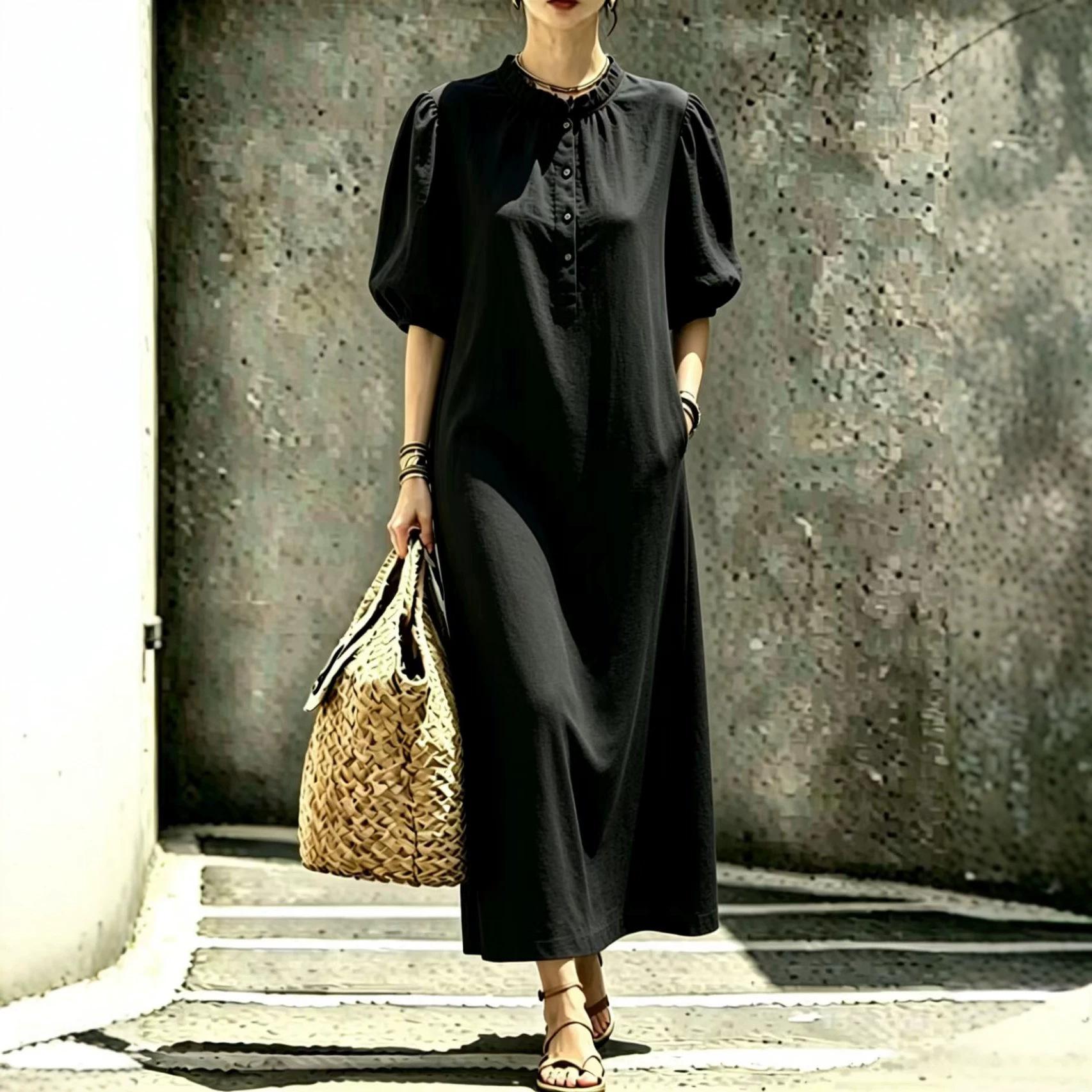 Womens Solid-color Stand-collar Puffed-sleeve Straight Dress