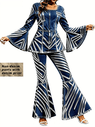 Women's Denim Print Flared Sleeve Slim Waist Casual Suit