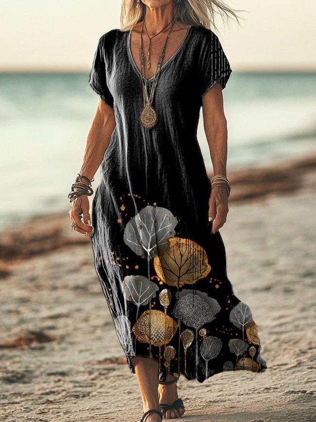 Loose Solid Color And V-neck Cotton And Linen Dress