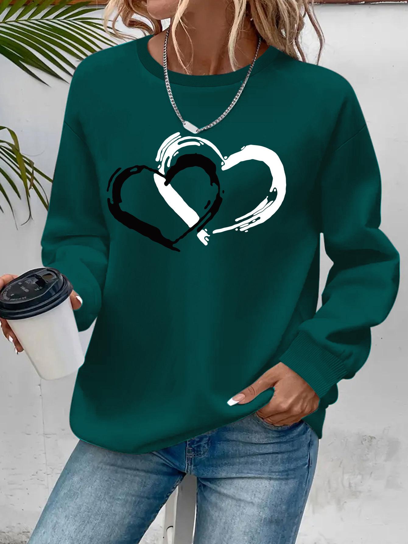 Heart Shape Printed Crew Neck Casual Sweatshirt Women's Clothing