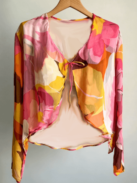Abstract Floral Print Tie-Front Chiffon Cropped Cardigan