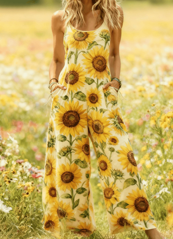 Women's American Retro Print Strappy Wide-Leg Jumpsuit