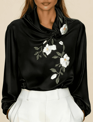 Women's French-style Elegant Satin Printed Turtleneck Long-sleeved Loose-fitting Shirt