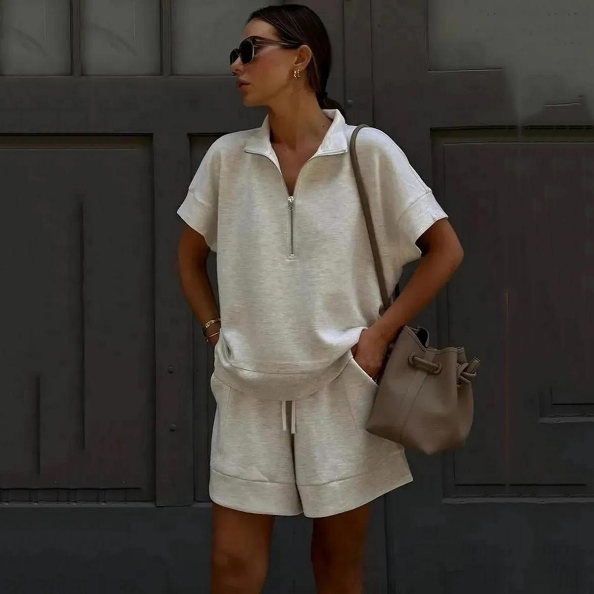 Solid-color Fashion Casual Short Two-piece Sweatshirt Set