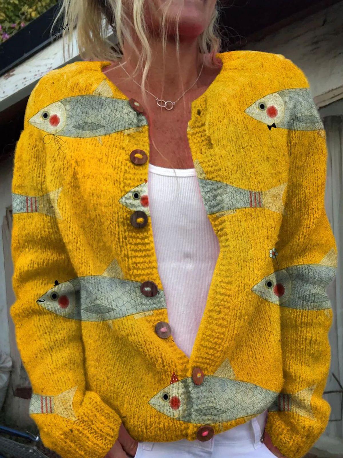 New Women's Autumn And Winter Style Loose 3D Printed Knitted Cardigan Sweater