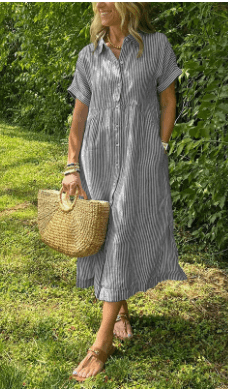 Striped Collared Short Sleeve Shirt Dress