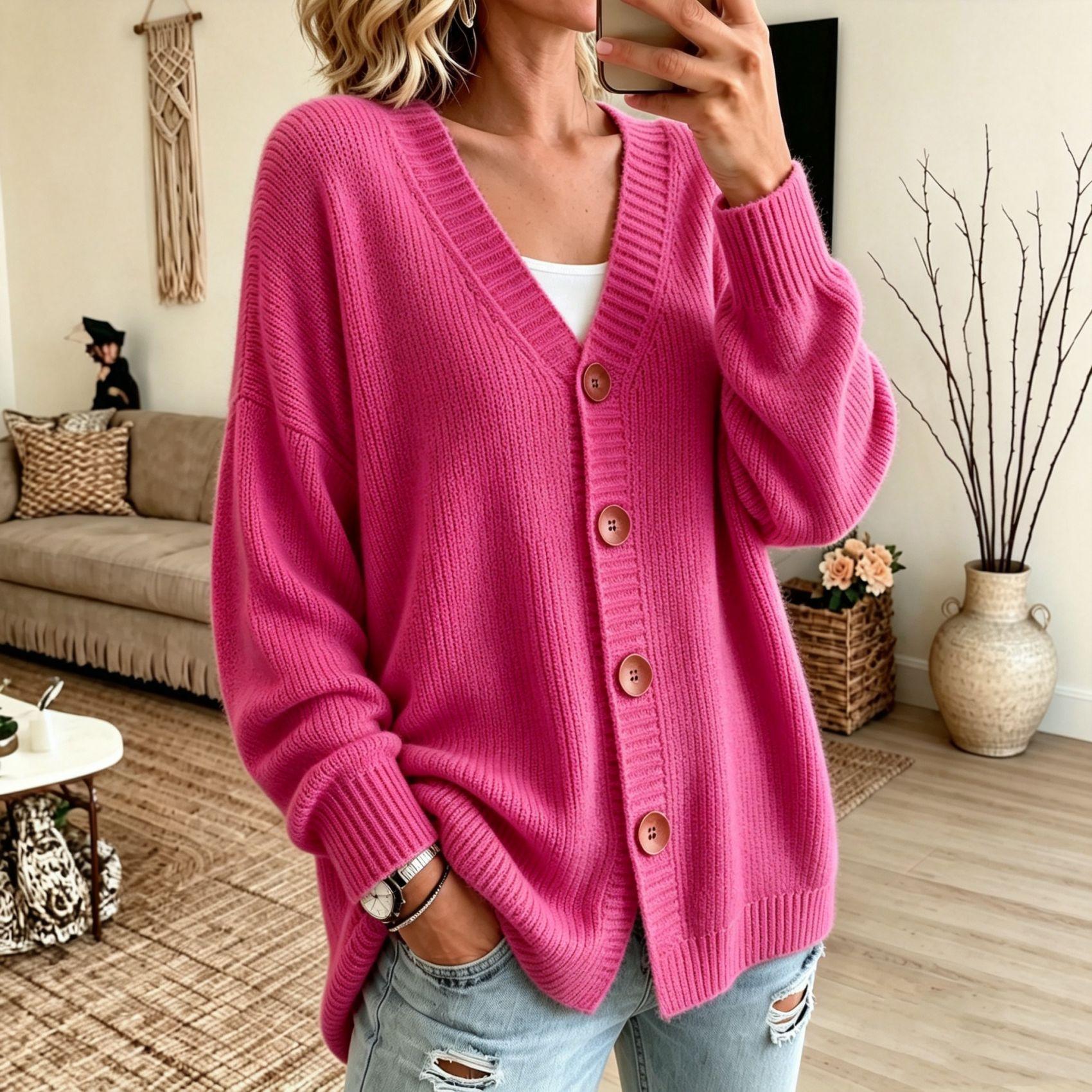 Buttoned V-neck Knitted Cardigan Sweater For Women