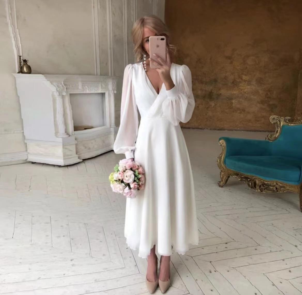 Wedding Long Sleeve Super Fairy Simple White Evening Dress