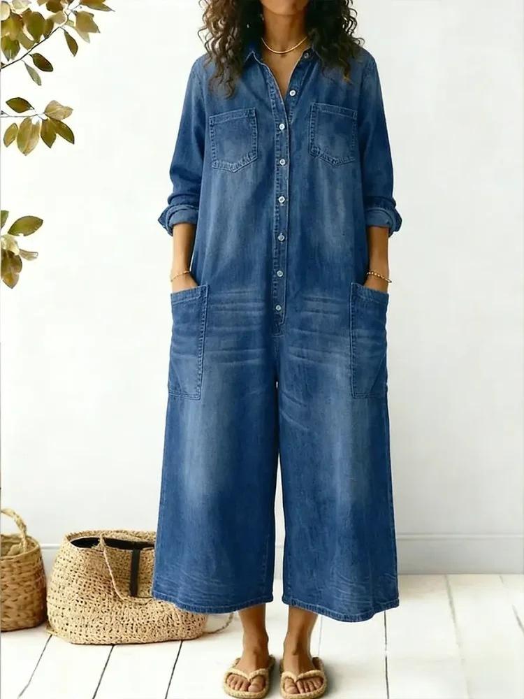 Womens Stylish Sexy Single-breasted Blouse-style Loose Jumpsuit