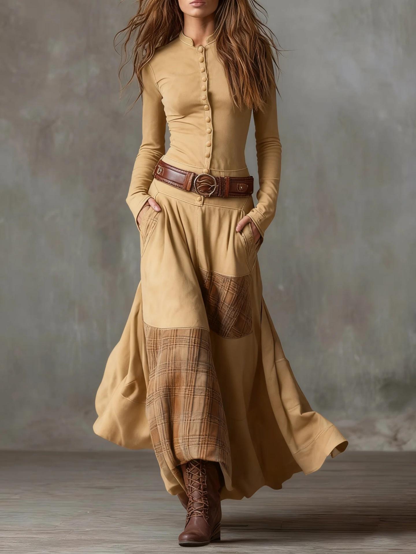 Retro Patchwork Patch Wide Leg Loose Long Sleeve Long Dress