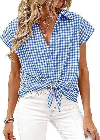 Womens Short-sleeve Plaid Button-up Blouse