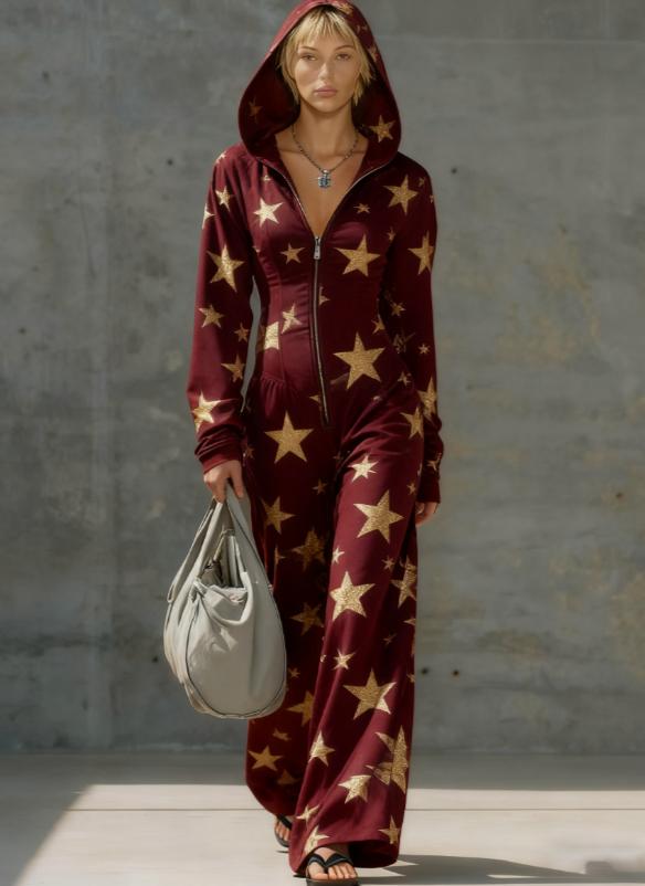 Printed Casual Hooded Zip-up Slim-fit Long Jumpsuit