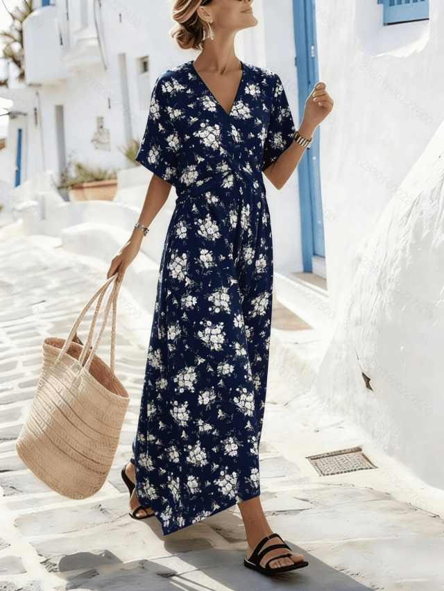 Navy Blue Floral V-neck Waist Cinched Long Dress