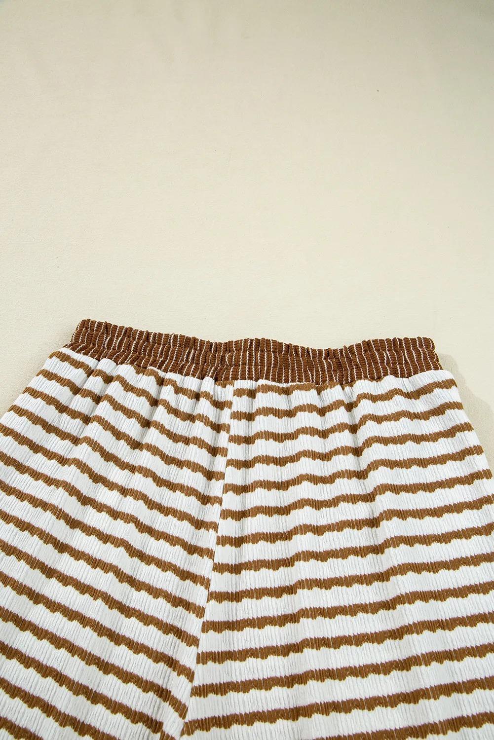 Khaki Stripe Collared Pullover Top And Drawstring Pant Set