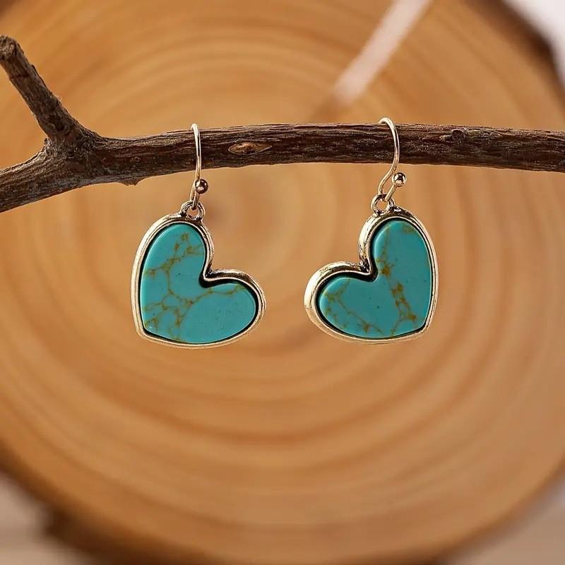 Retro Heart-Shaped Turquoise-Inlaid Versatile Womens Earrings