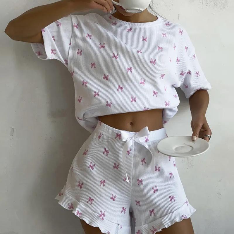 Casual Women's Home Bow Print Short Sleeve Lace Shorts Set