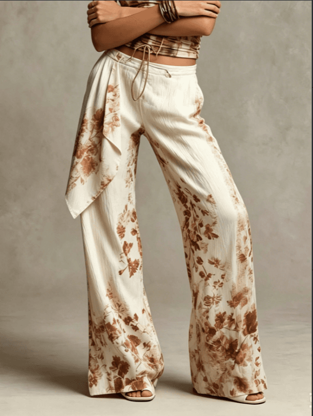 Drawstring Waist Draped Sash Brown Floral Print Textured Wide Leg Pants
