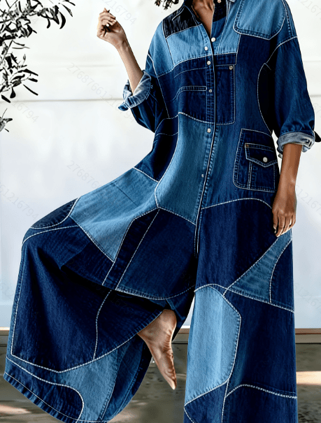 Loose-fitting Long-sleeved Casual Jumpsuit With Patchwork Design