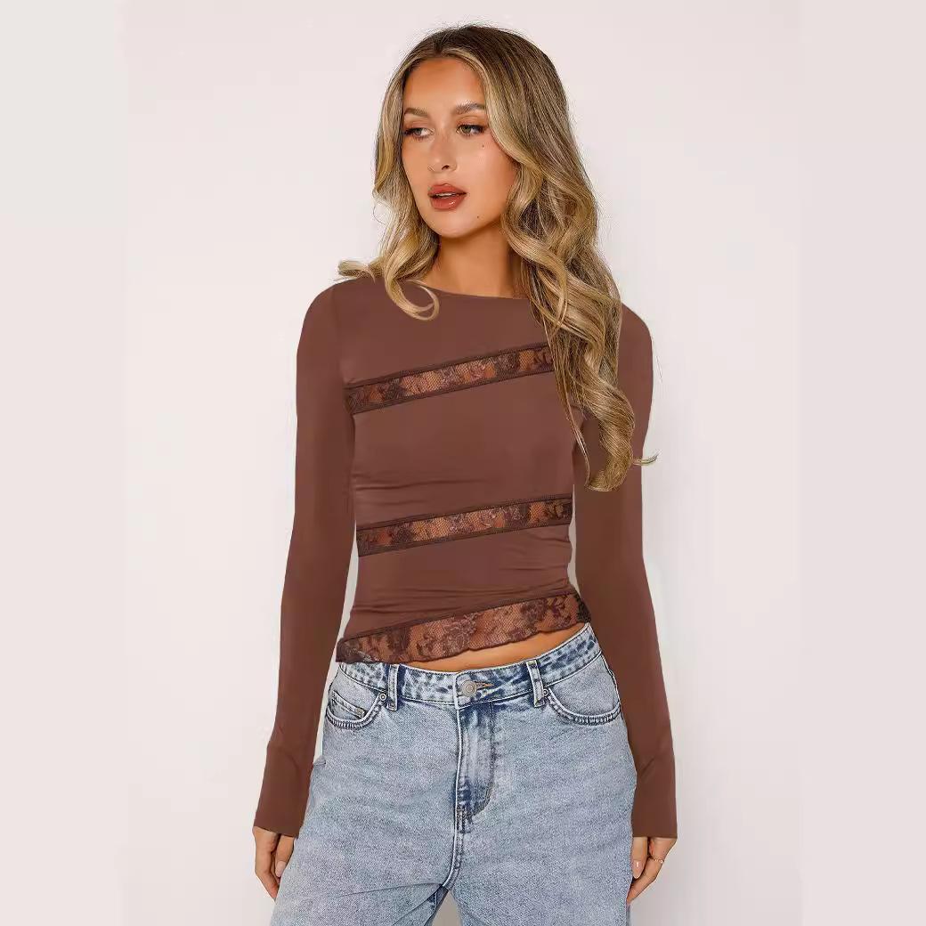 Sexy Lace Patchwork Short-Sleeve Long-Sleeve T-Shirt